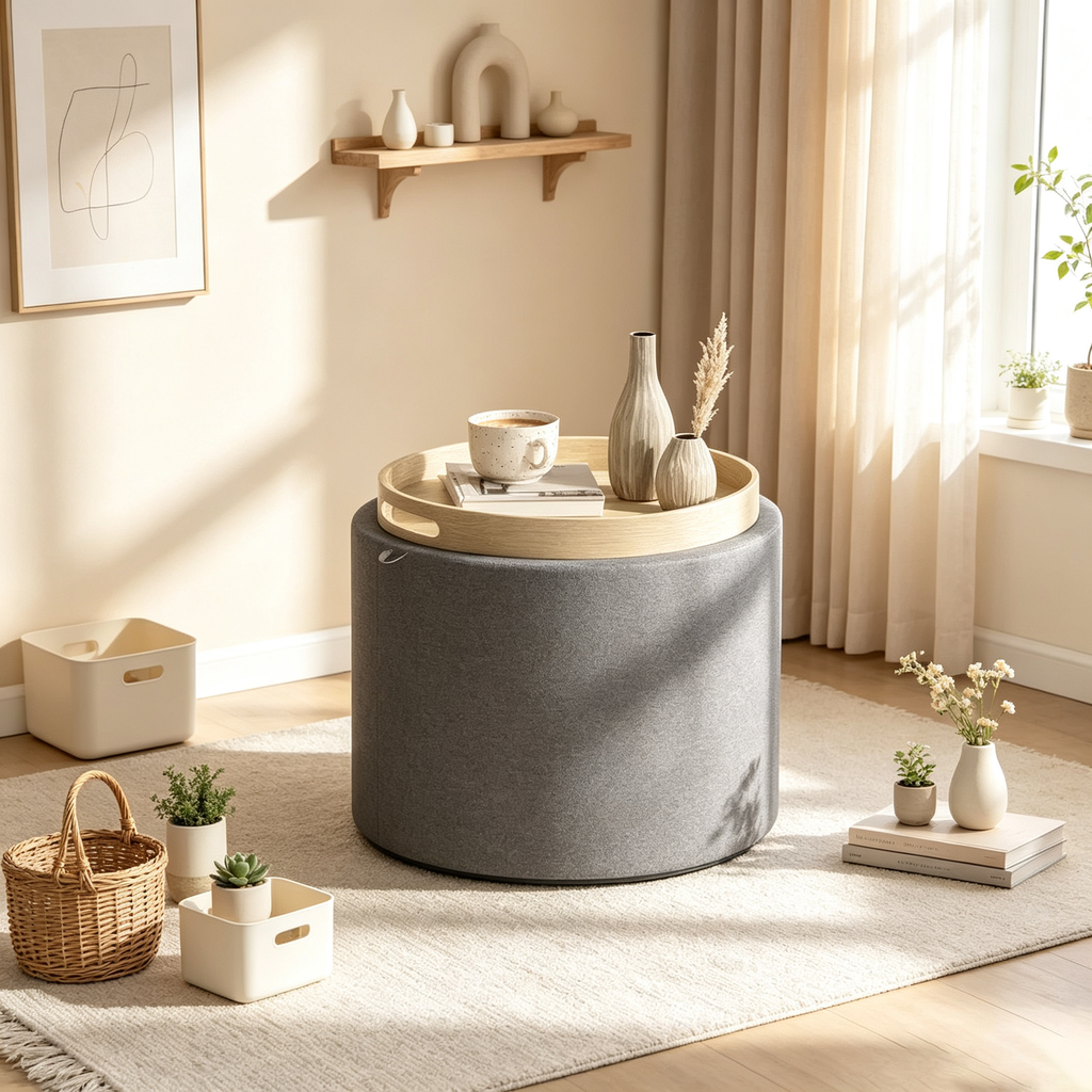 Table basse de rangement ronde avec plateau amovible
