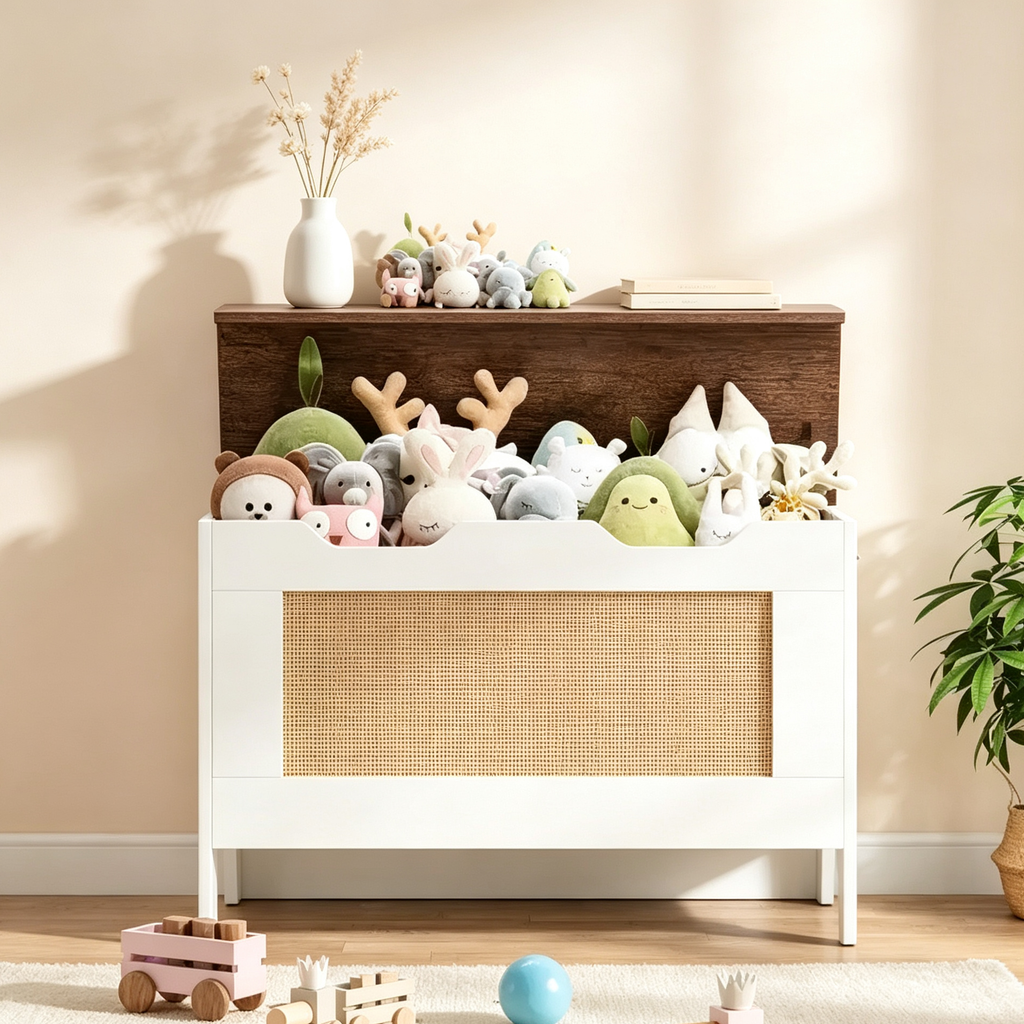 Coffre de rangement en rotin, coffre à jouets, banc de rangement en bois