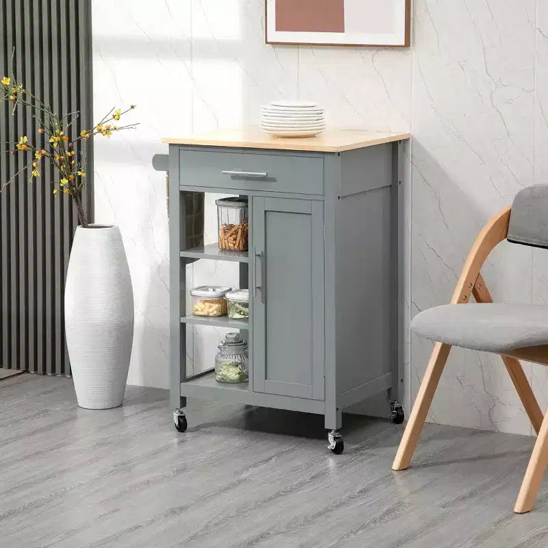 HOMCOM Compact Kitchen Island Cart on Wheels, Rolling Utility Trolley Cart with Storage Shelf & Drawer for Dining Room
