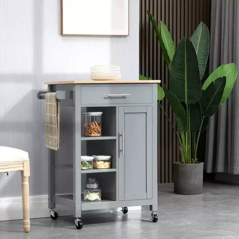 HOMCOM Compact Kitchen Island Cart on Wheels, Rolling Utility Trolley Cart with Storage Shelf & Drawer for Dining Room