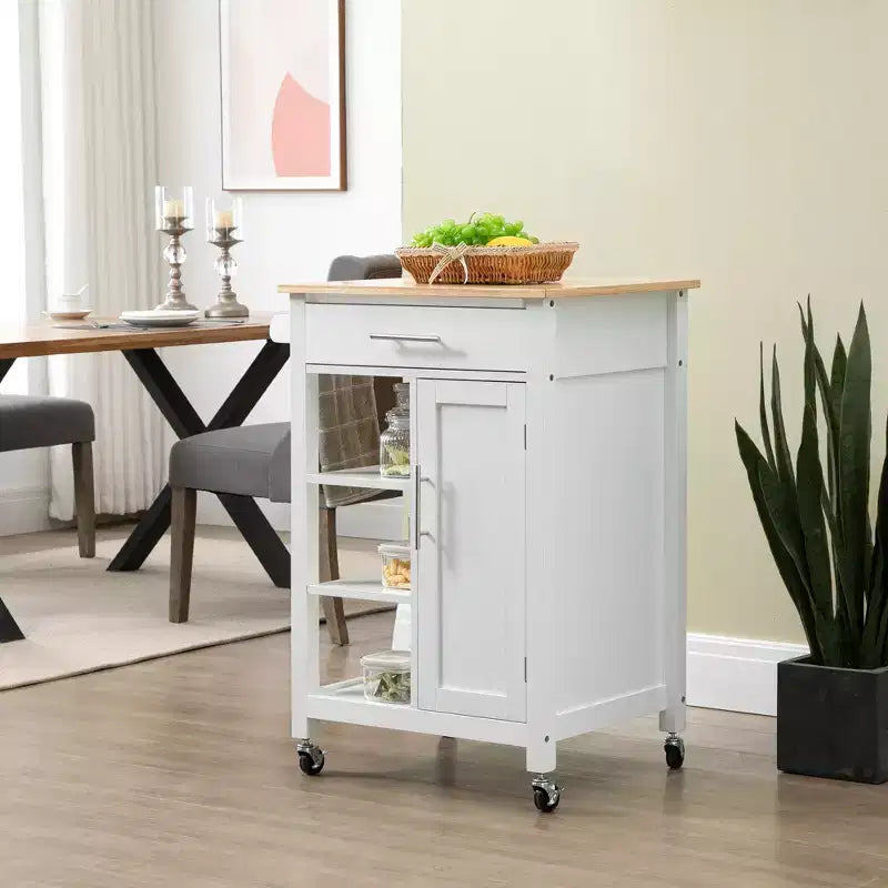 HOMCOM Compact Kitchen Island Cart on Wheels, Rolling Utility Trolley Cart with Storage Shelf & Drawer for Dining Room