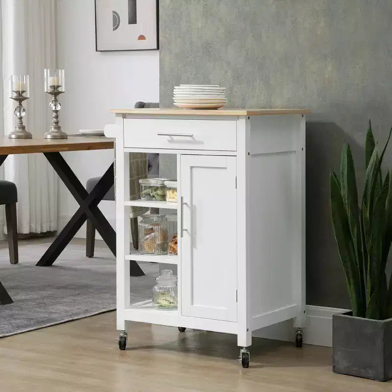 HOMCOM Compact Kitchen Island Cart on Wheels, Rolling Utility Trolley Cart with Storage Shelf & Drawer for Dining Room