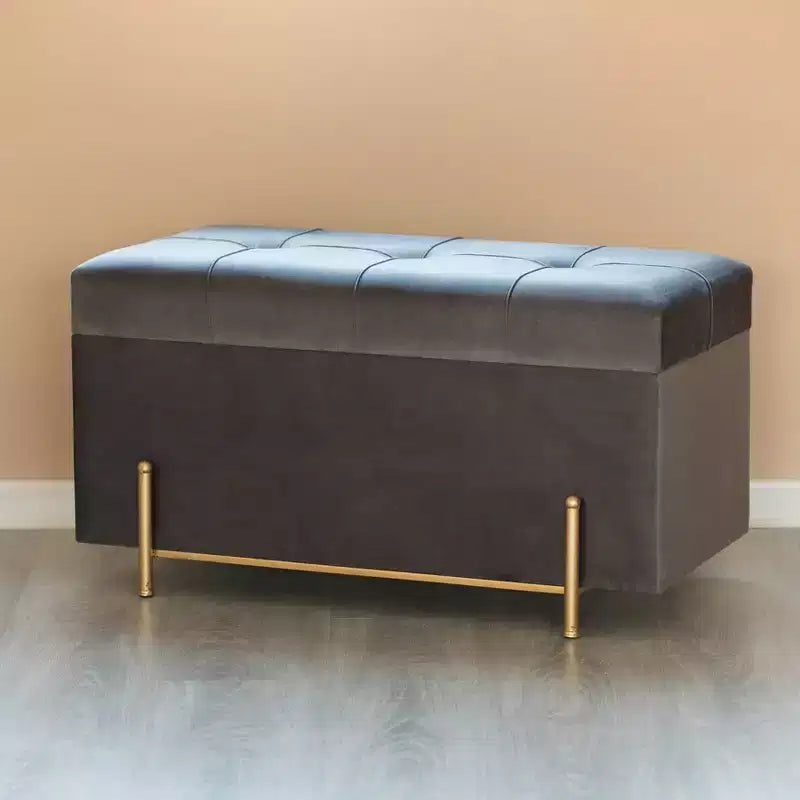Fabulaxe Large Rectangle Velvet Storage Ottoman with Golden Legs | Sitting Bench for Living Room Home Decor with Cylindrical Golden Support