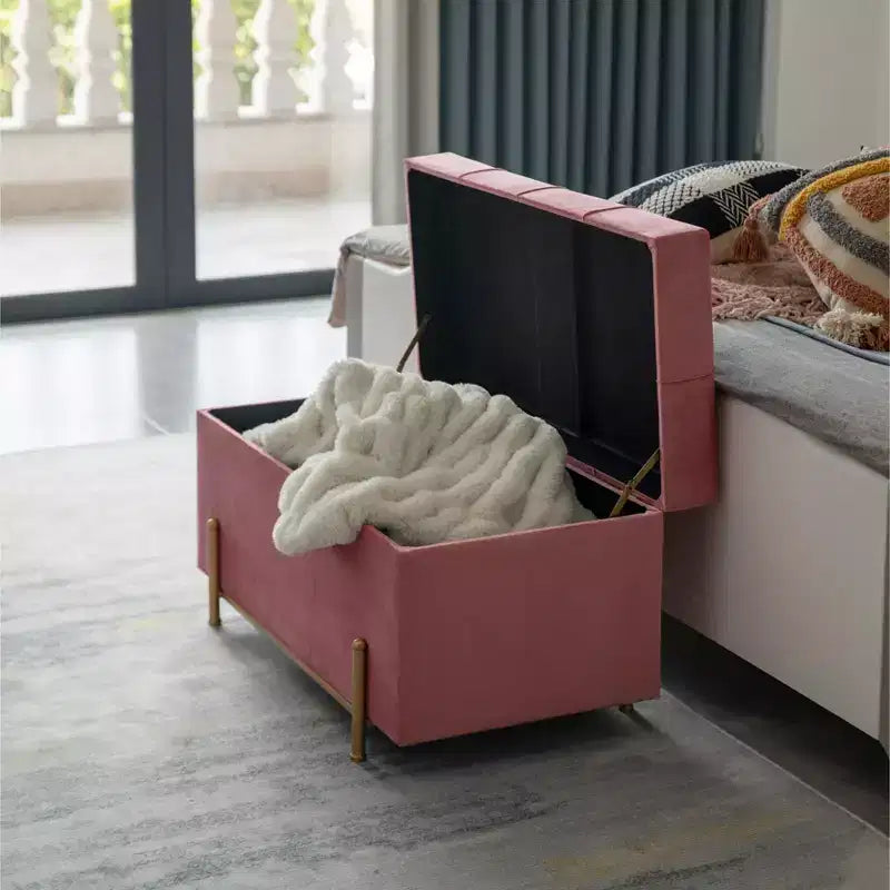 Fabulaxe Large Rectangle Velvet Storage Ottoman with Golden Legs | Sitting Bench for Living Room Home Decor with Cylindrical Golden Support