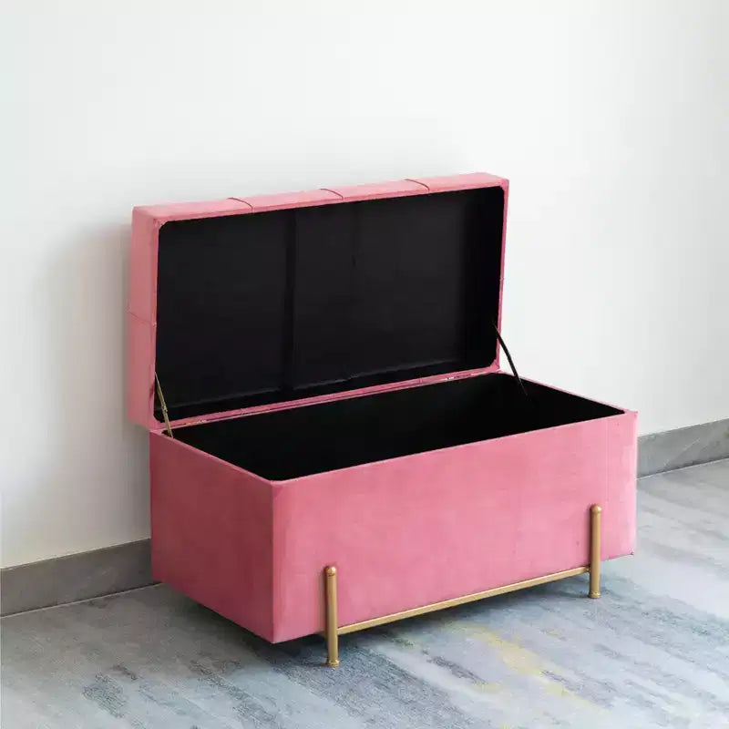 Fabulaxe Large Rectangle Velvet Storage Ottoman with Golden Legs | Sitting Bench for Living Room Home Decor with Cylindrical Golden Support