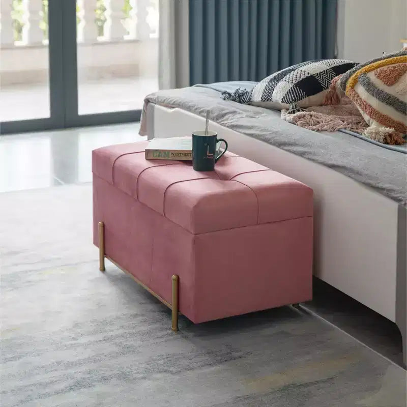 Fabulaxe Large Rectangle Velvet Storage Ottoman with Golden Legs | Sitting Bench for Living Room Home Decor with Cylindrical Golden Support