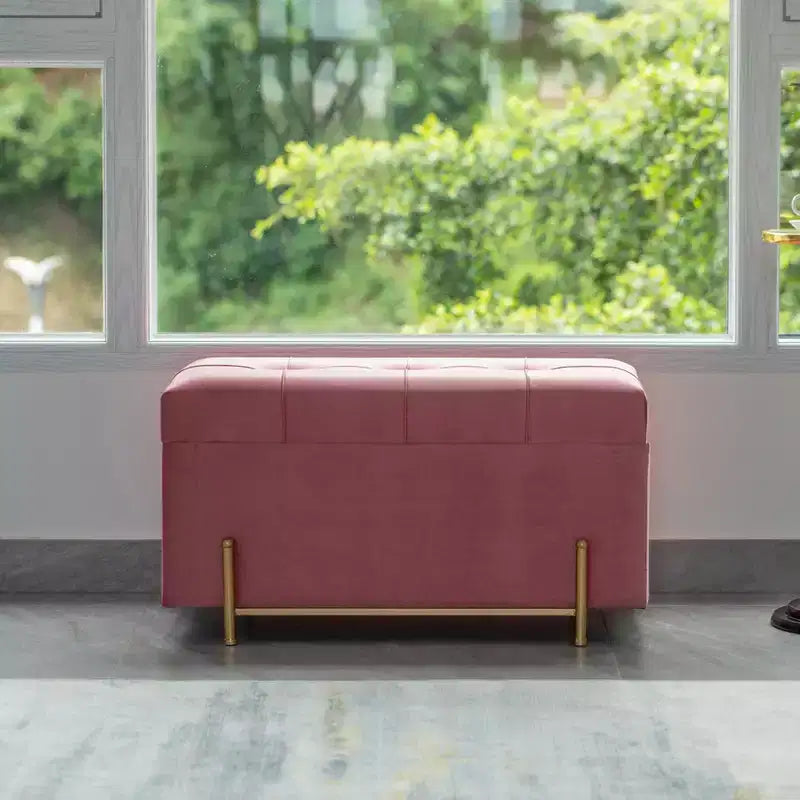 Fabulaxe Large Rectangle Velvet Storage Ottoman with Golden Legs | Sitting Bench for Living Room Home Decor with Cylindrical Golden Support