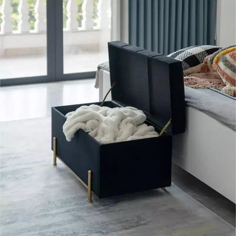 Fabulaxe Large Rectangle Velvet Storage Ottoman with Golden Legs | Sitting Bench for Living Room Home Decor with Cylindrical Golden Support