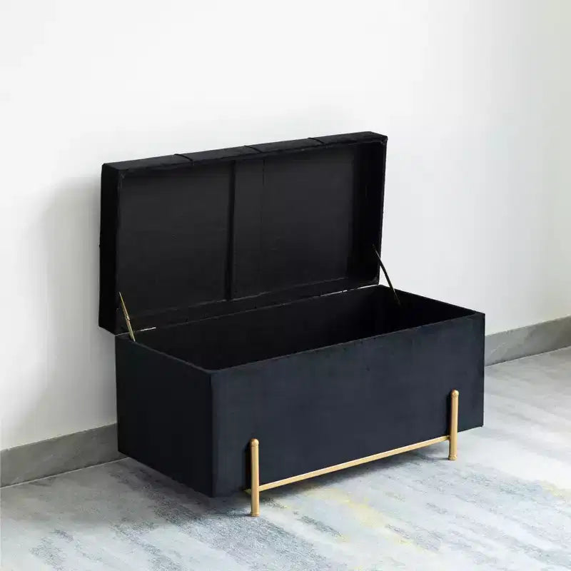 Fabulaxe Large Rectangle Velvet Storage Ottoman with Golden Legs | Sitting Bench for Living Room Home Decor with Cylindrical Golden Support