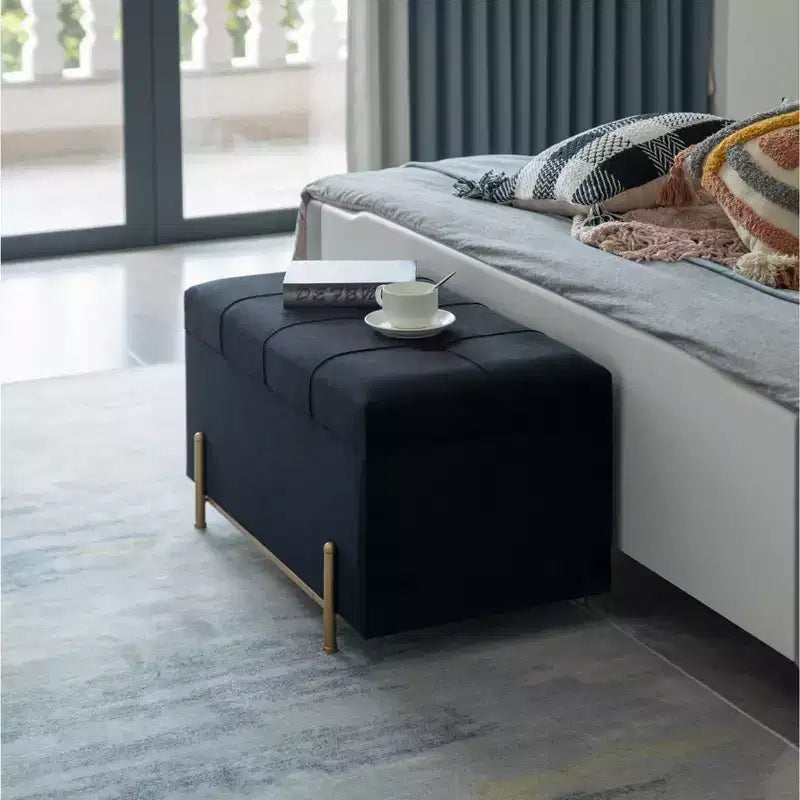 Fabulaxe Large Rectangle Velvet Storage Ottoman with Golden Legs | Sitting Bench for Living Room Home Decor with Cylindrical Golden Support