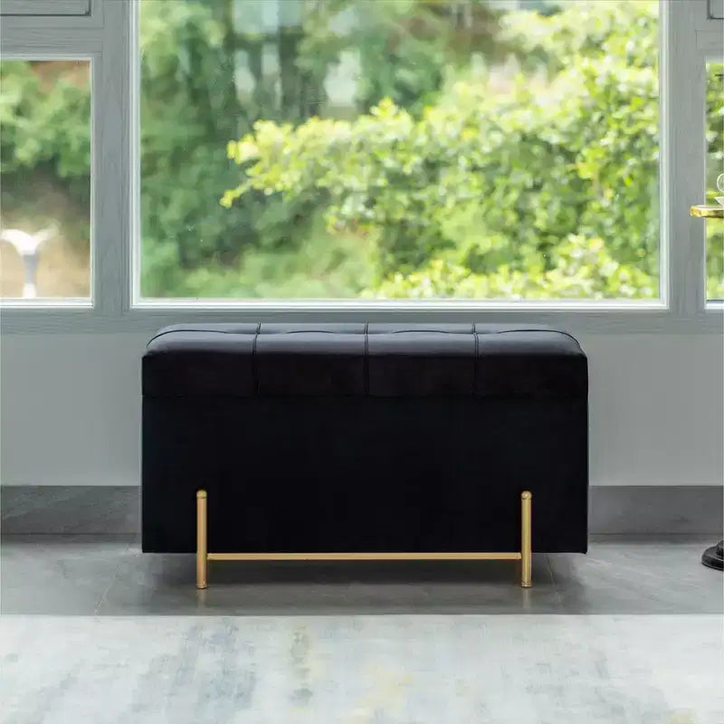Fabulaxe Large Rectangle Velvet Storage Ottoman with Golden Legs | Sitting Bench for Living Room Home Decor with Cylindrical Golden Support
