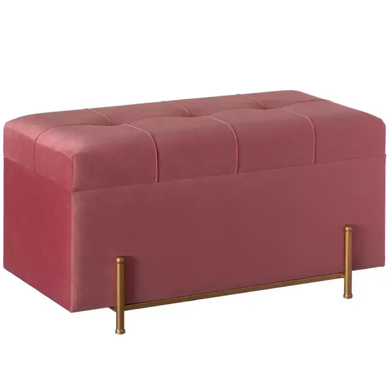 Fabulaxe Large Rectangle Velvet Storage Ottoman with Golden Legs | Sitting Bench for Living Room Home Decor with Cylindrical Golden Support